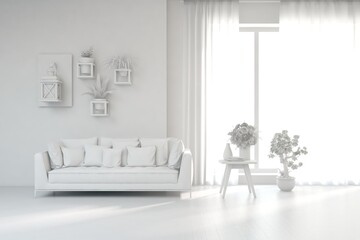 Grey living room concept with sofa. 3D illustration