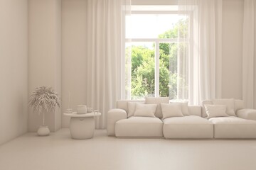 Grey living room concept with sofa and summer landscape in window. Scandinavian interior design. 3D illustration