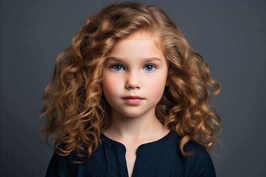 Portrait of a cute little girl with curly hair. Studio shot.
