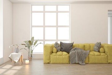 White modern interior design with sofa. Scandinavian interior design. 3D illustration