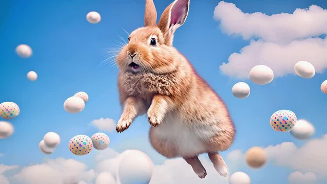 Cute easter bunny with easter eggs fly against blue sky
