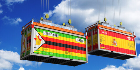 Shipping containers with flags of Zimbabwe and Spain - 3D illustration