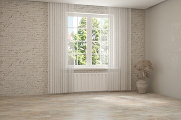 White empty room with summer landscape in window. Scandinavian interior design. 3D illustration