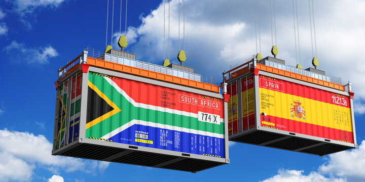 Shipping containers with flags of South Africa and Spain - 3D illustration