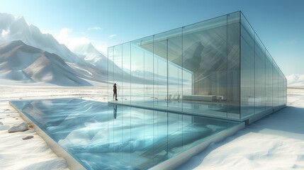 Crystal Haven: Futuristic Glass Home Amidst Snowy Peaks