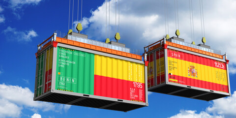 Shipping containers with flags of Benin and Spain - 3D illustration