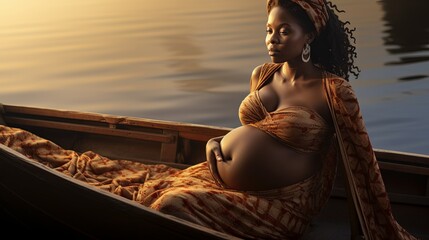 Pregnant African woman in a boat