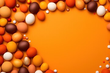 Orange background with colorful easter eggs round frame