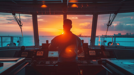 Silhouetted Ship Captain Overseeing the Horizon at Sunset From the Bridge