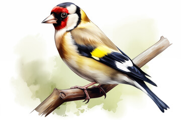 European goldfinch Bird illustration. Highly detailed image of forest and garden avian. Beautiful and colorful ornithology background. - obrazy, fototapety, plakaty
