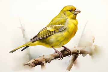European greenfinch Bird illustration. Highly detailed image of forest and garden avian. Beautiful and colorful ornithology background.