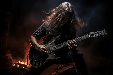 Fototapeta na wymiar Electrifying Heavy metal guitarist night. Cool air. Generate Ai