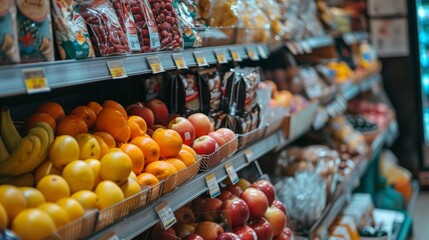 Fototapeta na wymiar Supermarket shelves with variety of fruits and vegetables. Shallow depth of field