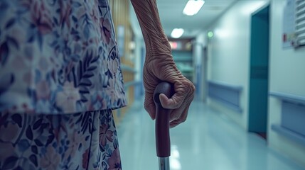 Fototapeta na wymiar Aging gracefully: Disability patient holds walking stick, emphasizing elderly care in hospital