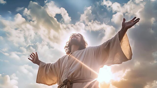 Jesus Christ in white clothes with outstretched arms against the sky as a symbol of Christianity