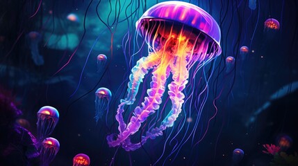 Colorful glowing jellyfish underwater at the deep sea, animal and wildlife concept