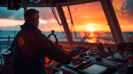 Silhouetted Ship Captain Overseeing the Horizon at Sunset From the Bridge