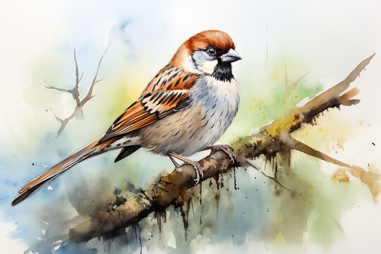 House sparrow Bird illustration. Highly detailed image of forest and garden avian. Beautiful and colorful ornithology background.