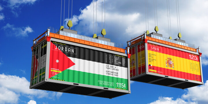 Shipping containers with flags of Jordan and Spain - 3D illustration