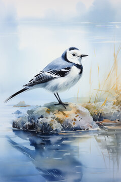 White wagtail Bird illustration. Highly detailed image of forest and garden avian. Beautiful and colorful ornithology background.
