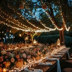 Wedding Banquet table setting with flowers, candles and lights