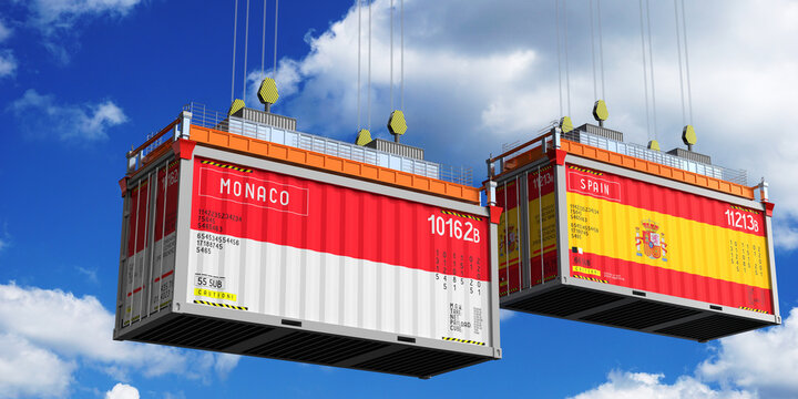 Shipping containers with flags of Monaco and Spain - 3D illustration