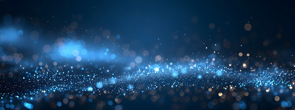 A dark blue abstract background featuring a glow particle effect. The image includes abstract blue lights and star particles, forming a captivating scene with dots on a dark background.