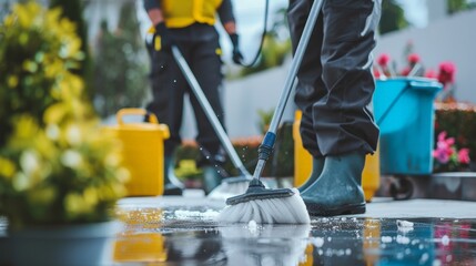 Close-up of professional janitor cleaning floor with mop