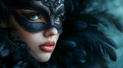 Mysterious woman in a black masquerade mask with feather details - 730341733