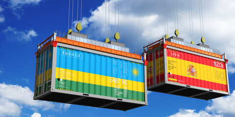 Shipping containers with flags of Rwanda and Spain - 3D illustration