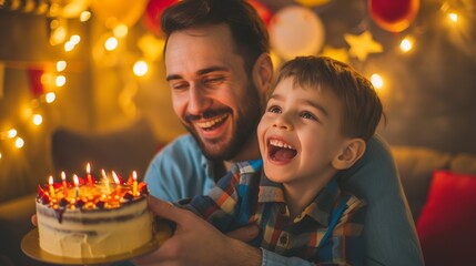 Happy father and son celebrating birthday with cake and candles in living room.