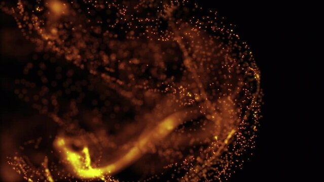 Luxury background of golden dust particles flowing in the liquid with slow motion and bokeh. Abstact elegant golden background. Gold particles fluid motion. Liquid motion, ink drops mixing in water. 