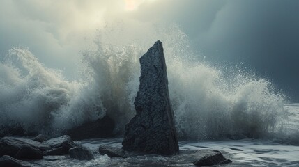 A cinematic vista capturing the raw power of nature as a beach stone sculpture stands resolute against the relentless assault of crashing waves, a symbol of resilience. - obrazy, fototapety, plakaty