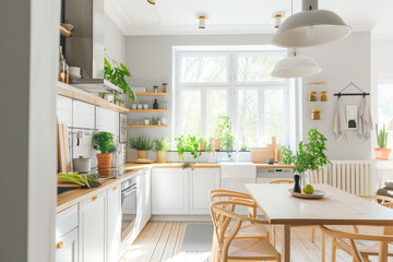 White modern kitchen interior composition. Scandinavian interior design. Generative AI