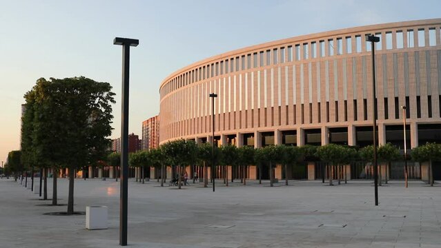  Football stadium Krasnodar at evening and square with trees, stadium was opened on October 9, 2016, slow motion