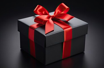 Fototapeta premium Black Friday sale concept. Image with stylish black gift box and red ribbon on black background.