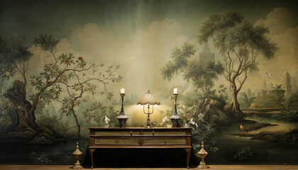 Scene of a desk with a lampshade, in the style of traditional Chinese landscape, illusory wallpaper of trees, soft, atmospheric lighting, french landscape, green and amber, murals, and wall drawings.
