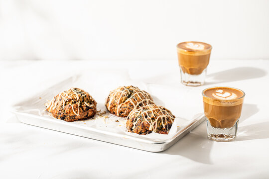 Baked goods on white plaster background
