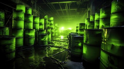 Dangerous green phosphorescent chemical material in barrels underground