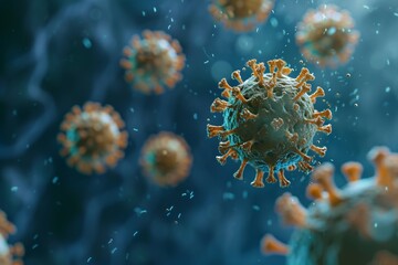 Group of viruses on blue background. Norovirus particles. Medical science and research concept. 3D render, illustration. Microscope view