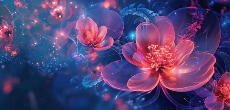 y2k enchanting digital art of glowing flowers in a mystical blue and red neon landscape