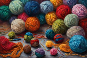 Mixed Color Wool Yarn. Colorful knitting yarn balls on the table illustration. - obrazy, fototapety, plakaty
