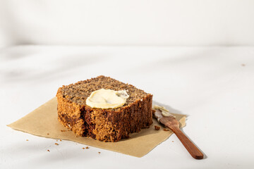 Baked goods on white plaster background
