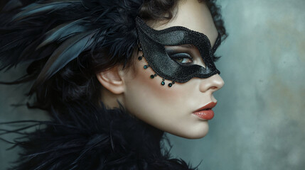 Mysterious woman wearing an elegant feather mask at a masquerade - 730343318