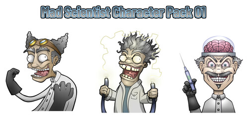 Mad Scientist Character Pack 01 - One Screaming, One Being Electrocuted. and One with a Needle ready to experiment, Transparent PNG