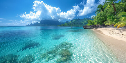 Beach paradise travel vacation tropical getaway in Rangiroa atoll, Tuamotu islands, French Polynesia. Tahiti honeymoon destination with idyllic pristine ocean crystal clear turquoise water. - obrazy, fototapety, plakaty