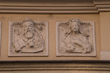 Munich, Germany -April 27,2023: Details of stone ornaments on the facades of baroque buildings in the German city Munich.