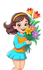 vector illustration, funny cheerful flat logo of girl with flowers, isolated on white background, color children's drawing for illustration, sticker, background for smartphone, children's greeting car