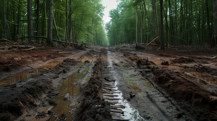 Logging industry autumnal forest landscape: heavy machinery and tractors leaved tracks after autumn muddy working dirty days. Wood industry and ecology concept image.