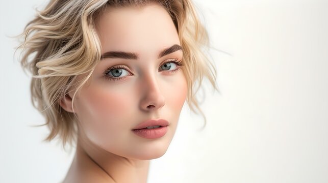 Serene beauty portrait. young woman with short wavy hair. perfect for cosmetics ads. modern digital artwork in high resolution. AI